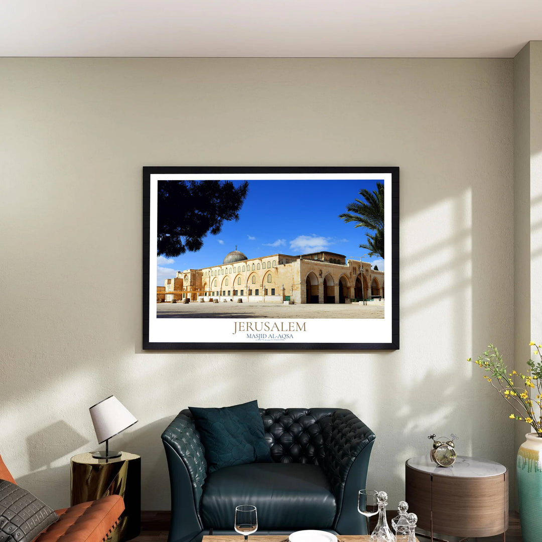 Horizontal photography print of historic Al Aqsa Mosque in Al Quds showing stone arcades and open plaza courtyard. Curated by MapYourDreams, this artwork is available in flexible options including unframed paper, custom wooden frames, and gallery canvas wraps tailored for interior design.