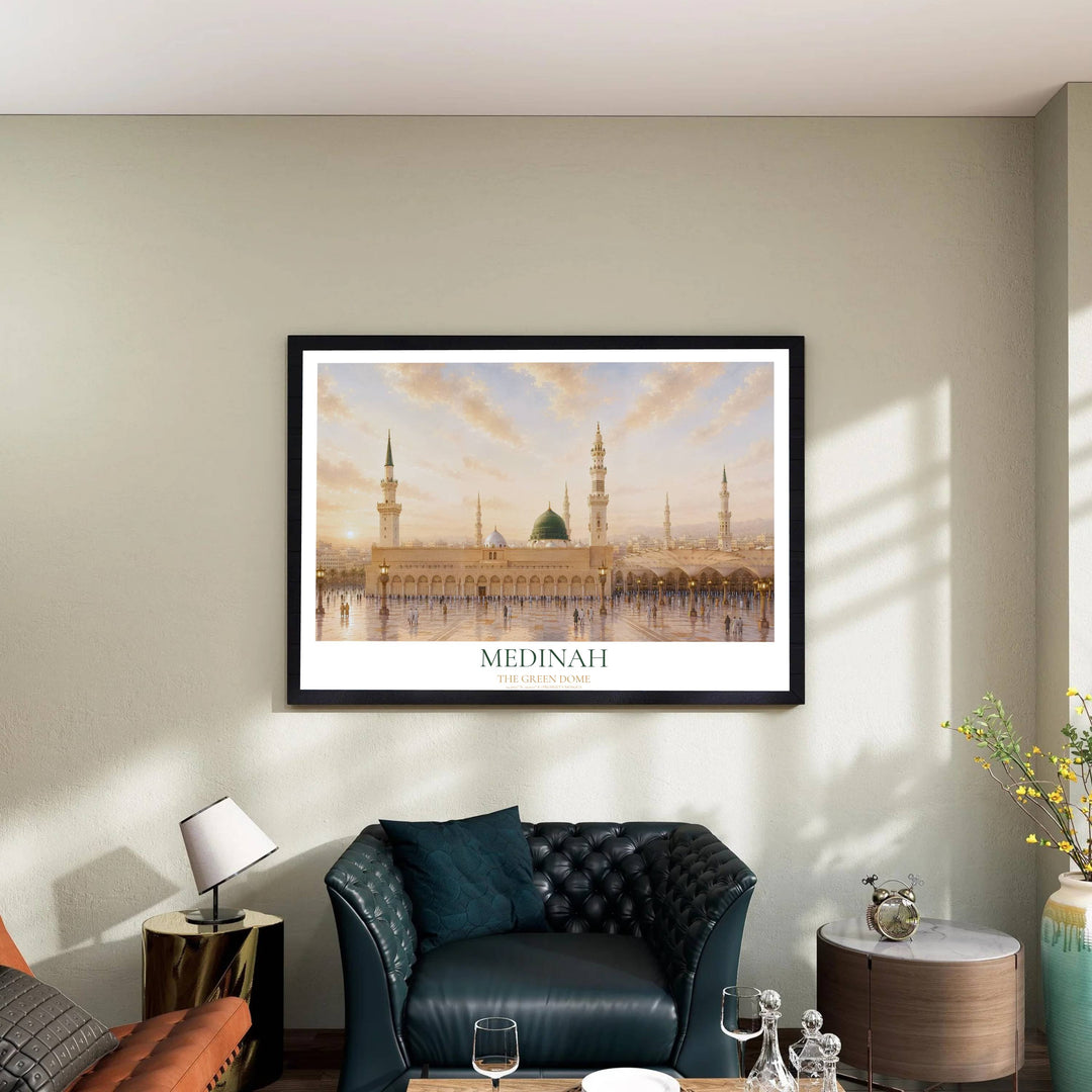 Warm golden amber and blush sky photo poster of Al Masjid an Nabawi in Madinah with reflecting marble courtyard paving. Published by MapYourDreams, this artwork is available in flexible options including unframed paper, custom wooden frames, and gallery canvas wraps for fine art display.