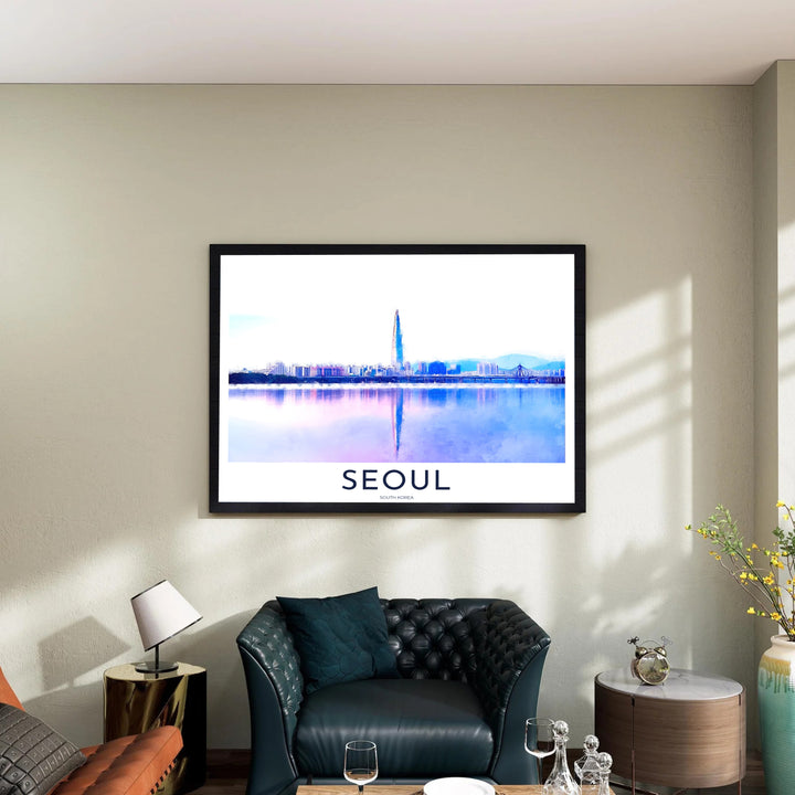 Fine art watercolor travel poster highlighting the impressive height of Lotte World Tower reflected on the Han River in Seoul, available from MapYourDreams in options like unframed paper prints, custom wooden frames, and canvas that add refined beauty to any gallery wall.