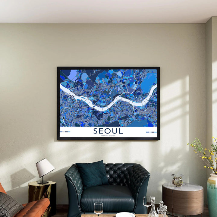 Fine art geographic travel poster celebrating the urban cartography and coordinates of Seoul, South Korea, available from MapYourDreams in options like unframed paper prints, custom wooden frames, and canvas that bring timeless cartographic beauty to any wall space.