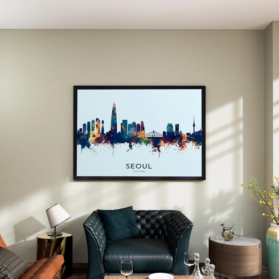 Horizontal urban landscape decor print displaying a colorful watercolor view of Seoul South Korea&