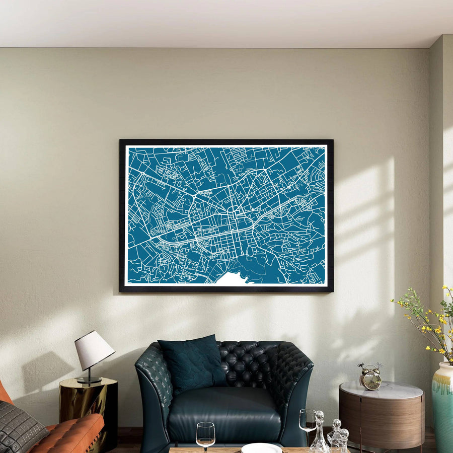 Intricate road lines and arterial highway paths form an artistic abstract map of Tirana, Albania, perfect for modern offices or living rooms. Offered in versatile formats, including unframed art paper, custom wood framing, and stretched canvas wraps to elevate your space.