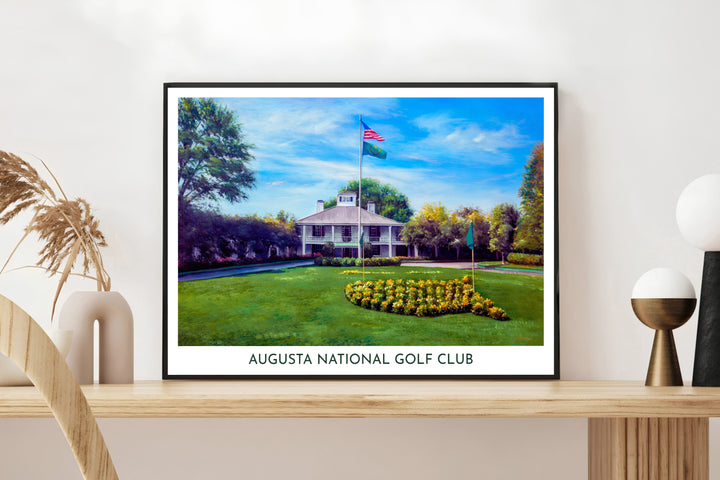 Crisp typography reads Augusta National Golf Club beneath an elegant landscape art print capturing the iconic entrance and flagpoles. Offered by MapYourDreams, this artwork is available in flexible options including unframed paper, custom wooden frames, and gallery canvas wraps for tailored home wall decor setups.