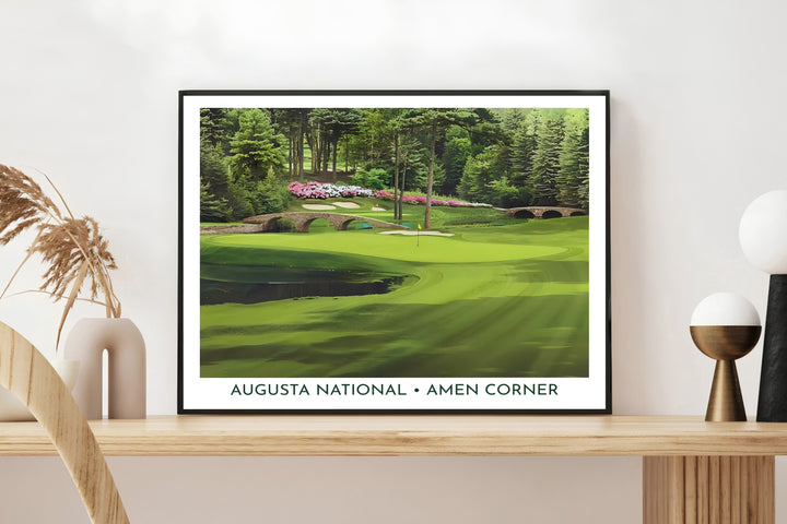 Elegant golf course wall decor depicting the famous Hole 12 at Amen Corner in Augusta Georgia with pristine fairways and towering pines. Offered by MapYourDreams, this artwork is available in flexible options including unframed paper, custom wooden frames, and gallery canvas wraps for tailored home wall decor setups.