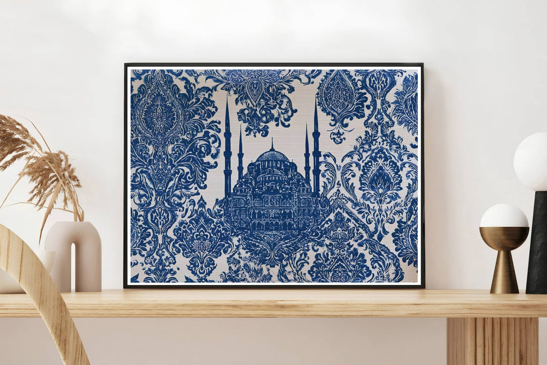 Ottoman tile style print of Sultan Ahmed Blue Mosque in Istanbul with intricate navy blue damask flourishes. Crafted by MapYourDreams, this artwork is available in flexible options including unframed paper, custom wooden frames, and gallery canvas wraps to suit your wall decor.