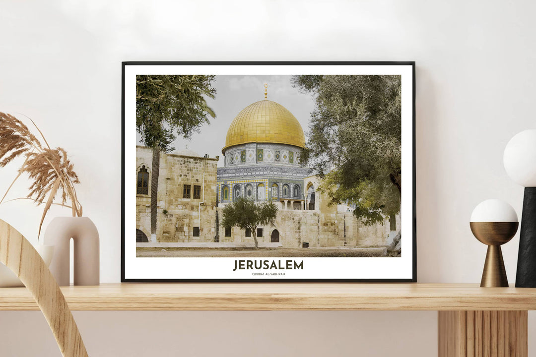 Scenic photo poster of Qubbat al-Sakhrah Dome of the Rock in Jerusalem showcasing golden dome and olive branch foliage. Crafted by MapYourDreams, this artwork is available in flexible options including unframed paper, custom wooden frames, and gallery canvas wraps to suit your wall decor.