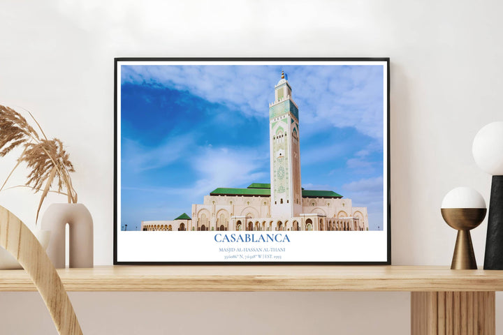 Scenic travel photography art print of Hassan II Mosque in Casablanca Morocco with clean typography and geographic coordinates at base. Presented by MapYourDreams, this artwork is available in flexible options including unframed paper, custom wooden frames, and gallery canvas wraps for living room art.