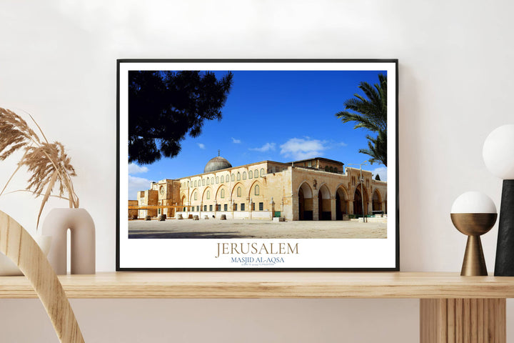 Scenic travel photo poster of the historic Al Qibli prayer hall inside Al Aqsa Mosque compound in Al Quds Palestine. Crafted by MapYourDreams, this artwork is available in flexible options including unframed paper, custom wooden frames, and gallery canvas wraps to suit your wall decor.