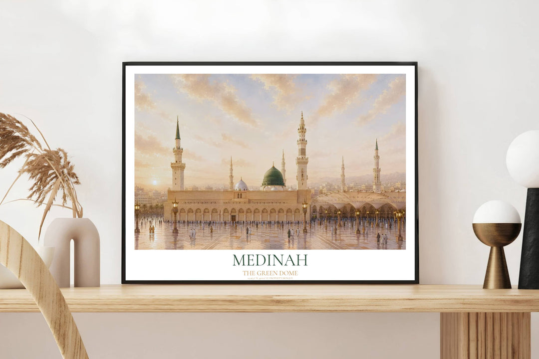 Architectural sunrise poster of Masjid an Nabawi featuring the Green Dome, marble plaza, and cartographic title text reading MEDINAH. Presented by MapYourDreams, this artwork is available in flexible options including unframed paper, custom wooden frames, and gallery canvas wraps for living room art.