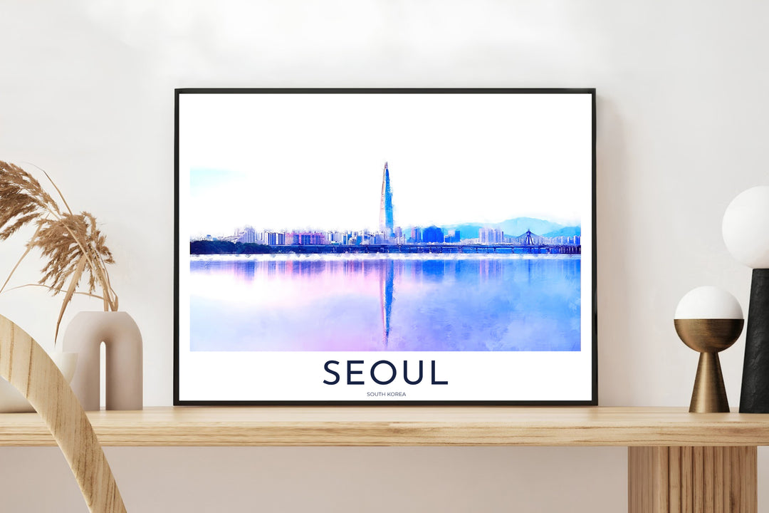 Horizontal urban landscape decor print displaying a soft pastel watercolor view of Seoul South Korea&