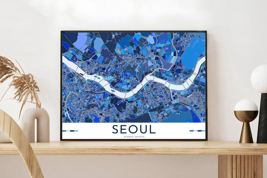 Stylized blue street map wall art showcasing the modern infrastructure and waterways of Seoul, South Korea, produced by MapYourDreams in flexible choices including unframed poster prints, silver frames, and canvas wraps tailored for contemporary home decor.