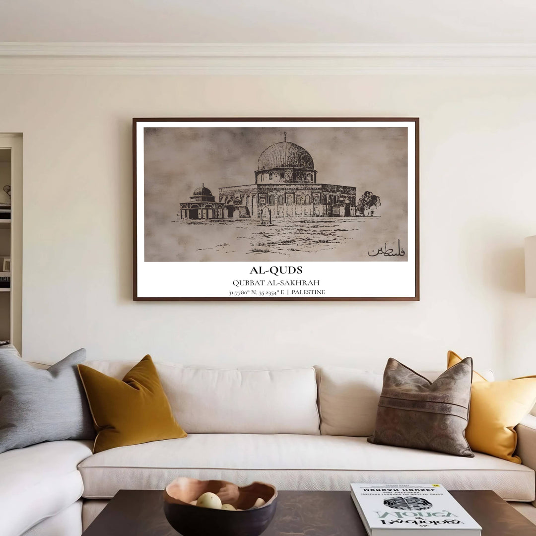 Artistic ink sketch print of the historic Dome of the Rock in Jerusalem with delicate stippling and parchment wash background. Curated by MapYourDreams, this artwork is available in flexible options including unframed paper, custom wooden frames, and gallery canvas wraps tailored for interior design.