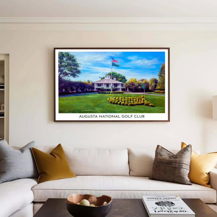 Bright sunlight illuminates the expansive green fairway and yellow floral map in this Augusta Founders Circle poster print for office or home decor. Offered by MapYourDreams, this artwork is available in flexible options including unframed paper, custom wooden frames, and gallery canvas wraps for tailored home wall decor setups.