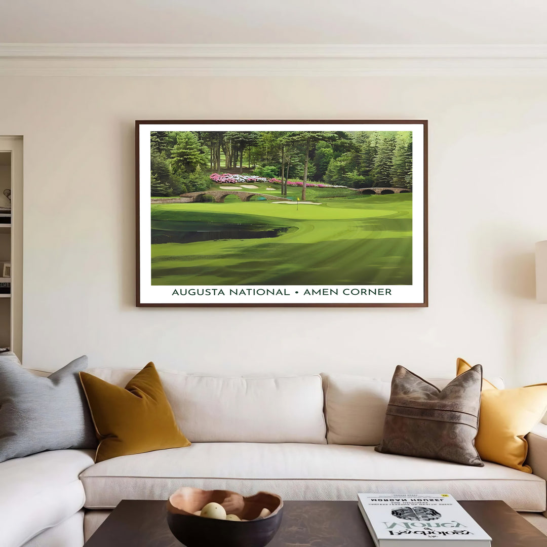 Panoramic sports wall art print celebrating Augusta National Golf Course in Augusta Georgia with detailed stone bridge architecture and azalea blooms. Offered by MapYourDreams, this artwork is available in flexible options including unframed paper, custom wooden frames, and gallery canvas wraps for tailored home wall decor setups.