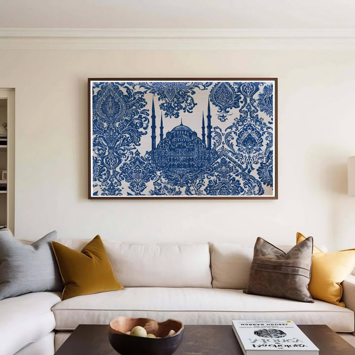 Artistic tile art print of historic Blue Mosque in Istanbul Turkey with delicate damask palmette motifs. Curated by MapYourDreams, this artwork is available in flexible options including unframed paper, custom wooden frames, and gallery canvas wraps tailored for interior design.