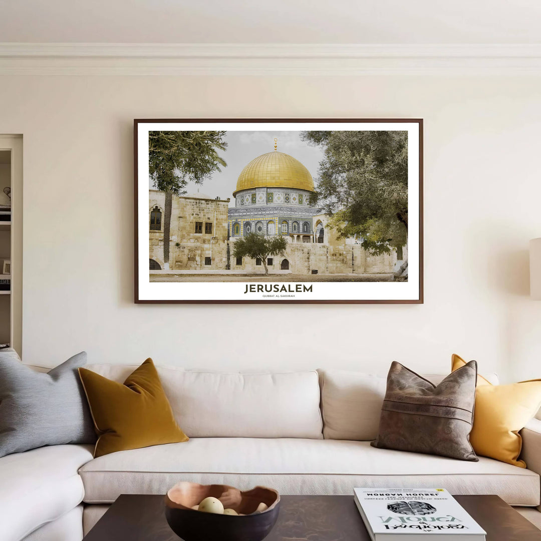 Jerusalem travel print showing Dome of the Rock sanctuary in a serene, natural olive tree photography style. Handcrafted by MapYourDreams, this artwork is available in flexible options including unframed paper, custom wooden frames, and gallery canvas wraps for gallery wall displays.