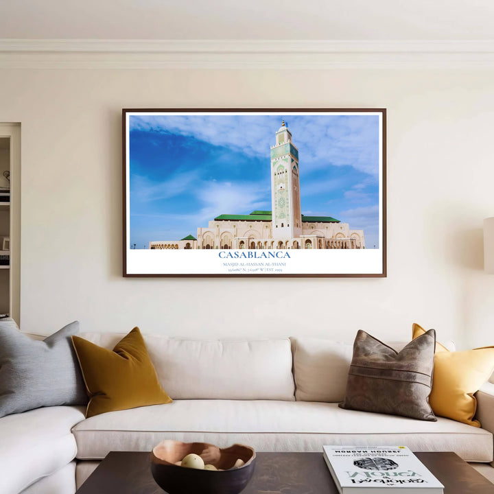 Symmetrical photography print of historic Hassan II Mosque in Casablanca Morocco showing carved stone arcades and minaret. Curated by MapYourDreams, this artwork is available in flexible options including unframed paper, custom wooden frames, and gallery canvas wraps tailored for interior design.