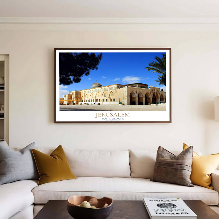 Architectural photography print of Al Aqsa Mosque in Jerusalem featuring golden sandstone arches, lead dome, and clean typography at base. Presented by MapYourDreams, this artwork is available in flexible options including unframed paper, custom wooden frames, and gallery canvas wraps for living room art.