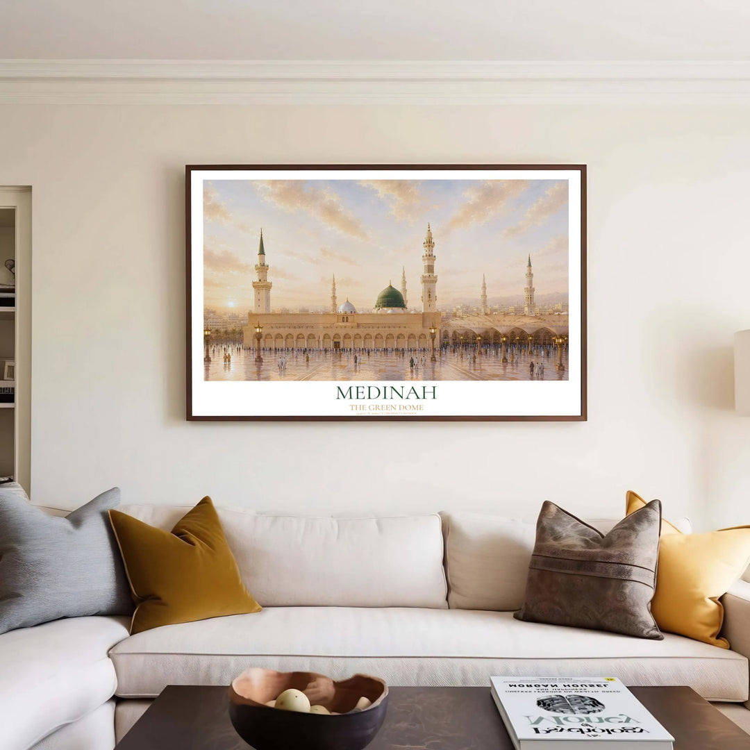 Classical Islamic architecture panorama poster featuring the Green Dome at Masjid an Nabawi in Madinah with latitude coordinates text. Supplied by MapYourDreams, this artwork is available in flexible options including unframed paper, custom wooden frames, and gallery canvas wraps for stylish decor.