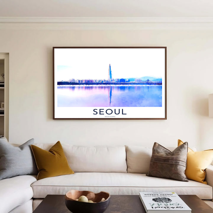 Elegant blue and violet travel wall art featuring Lotte World Tower and panoramic city bridges in Seoul, South Korea, curated by MapYourDreams across unframed archival paper, natural wood frames, and gallery stretched canvas to deliver premium quality print aesthetics.