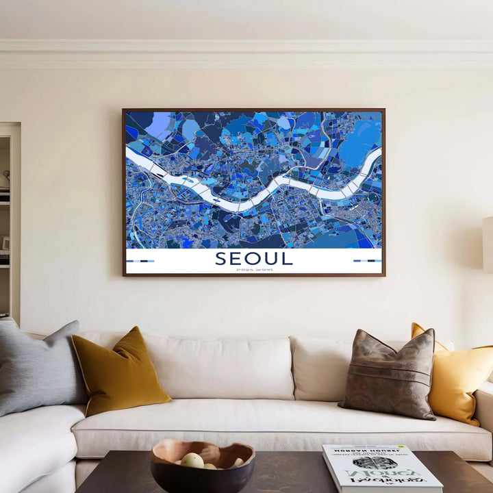 Elegant sapphire and cerulean map art print featuring the Han River serpentine ribbon through Seoul, South Korea, curated by MapYourDreams across unframed archival paper, natural wood frames, and gallery stretched canvas to deliver premium quality print aesthetics.