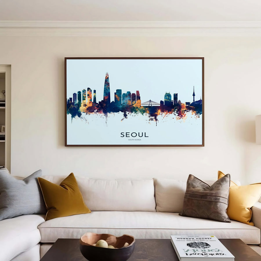 Elegant teal and orange travel wall art featuring Lotte World Tower and city building silhouettes in Seoul South Korea, curated by MapYourDreams across unframed archival paper, natural wood frames, and gallery stretched canvas to deliver premium quality print aesthetics.