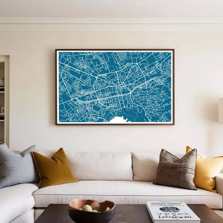 Crisp white contrast and refined linework define this Tirana street map print, showcasing regional boulevards and historic municipal paths. MapYourDreams offers this piece printed on archival stock, with options for custom frames or stretched canvas wraps.