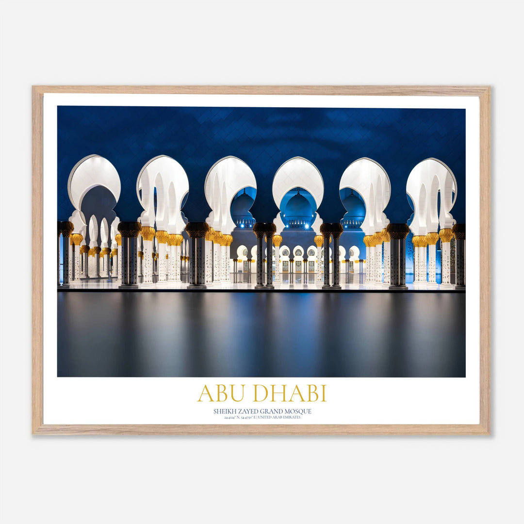 Islamic architectural photography featuring Sheikh Zayed Mosque in Abu Dhabi with pool reflections. Released by MapYourDreams, this poster is available in customizable choices including unframed archival paper, wooden framed styles, and gallery wrapped canvas for elegant wall decor.
