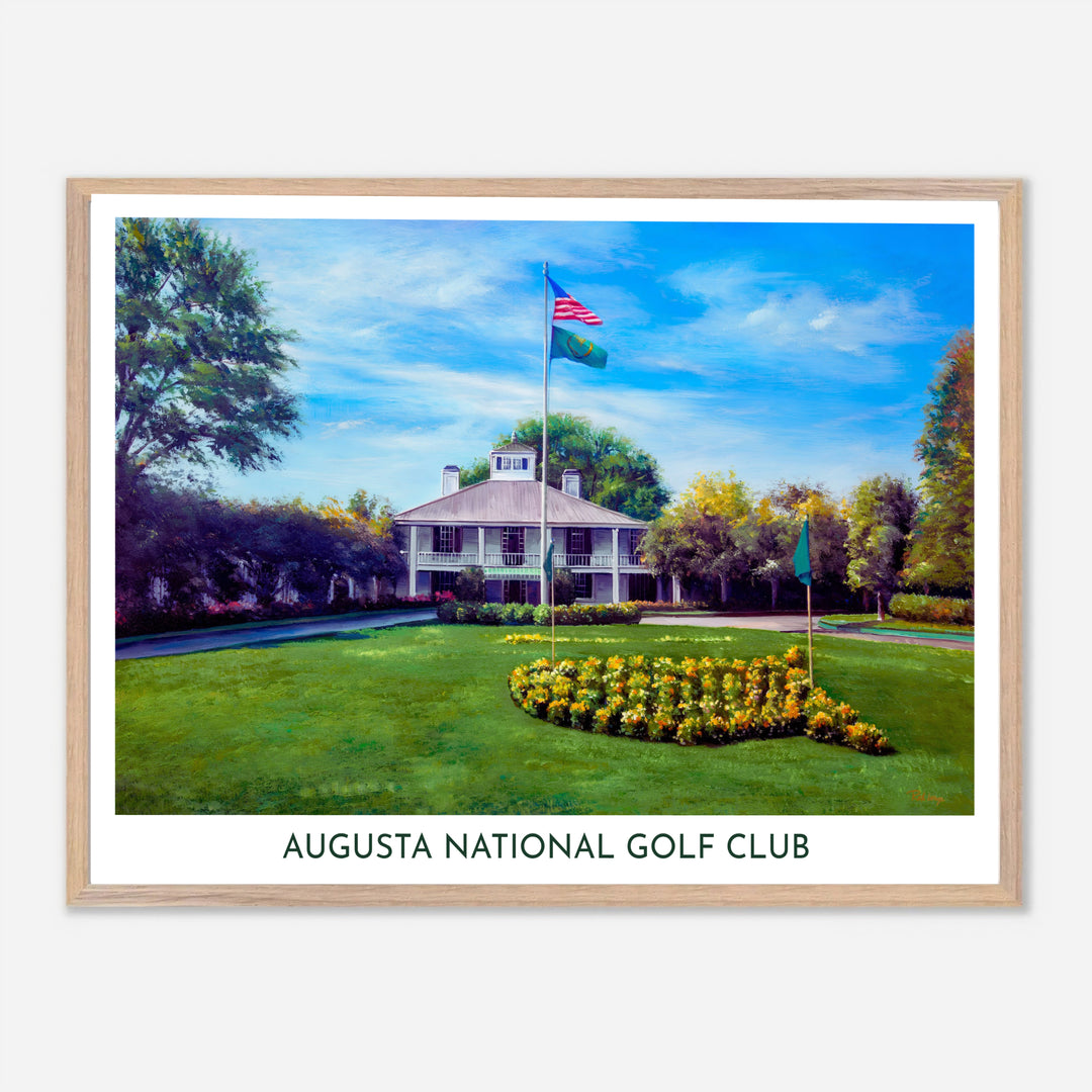 Elegant Augusta golf decor wall art highlighting the historic white building, flagpoles, and famous flower bed at Georgia&