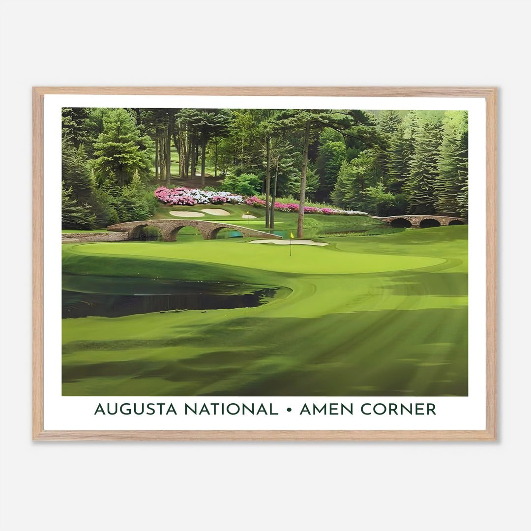 Augusta Georgia Masters golf wall decor featuring a realistic photographic perspective of Hole 12 Golden Bell and the surrounding pine forest. Offered by MapYourDreams, this artwork is available in flexible options including unframed paper, custom wooden frames, and gallery canvas wraps for tailored home wall decor setups.