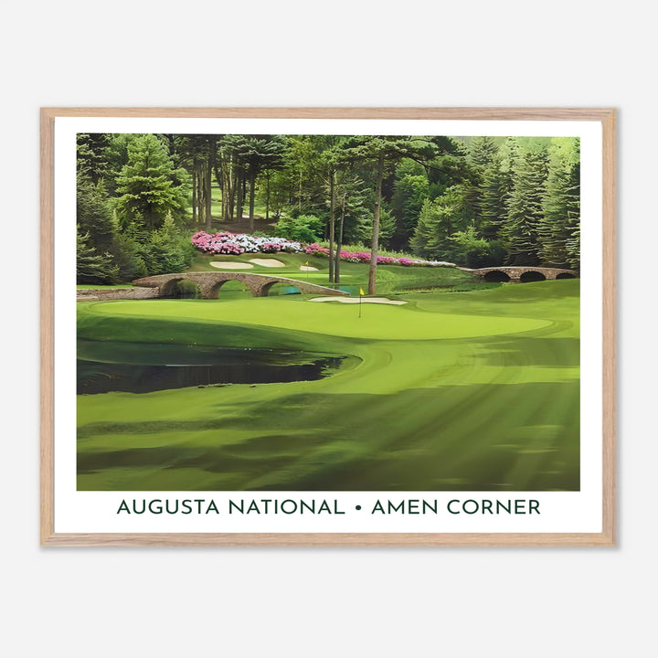 Augusta Georgia Masters golf wall decor featuring a realistic photographic perspective of Hole 12 Golden Bell and the surrounding pine forest. Offered by MapYourDreams, this artwork is available in flexible options including unframed paper, custom wooden frames, and gallery canvas wraps for tailored home wall decor setups.