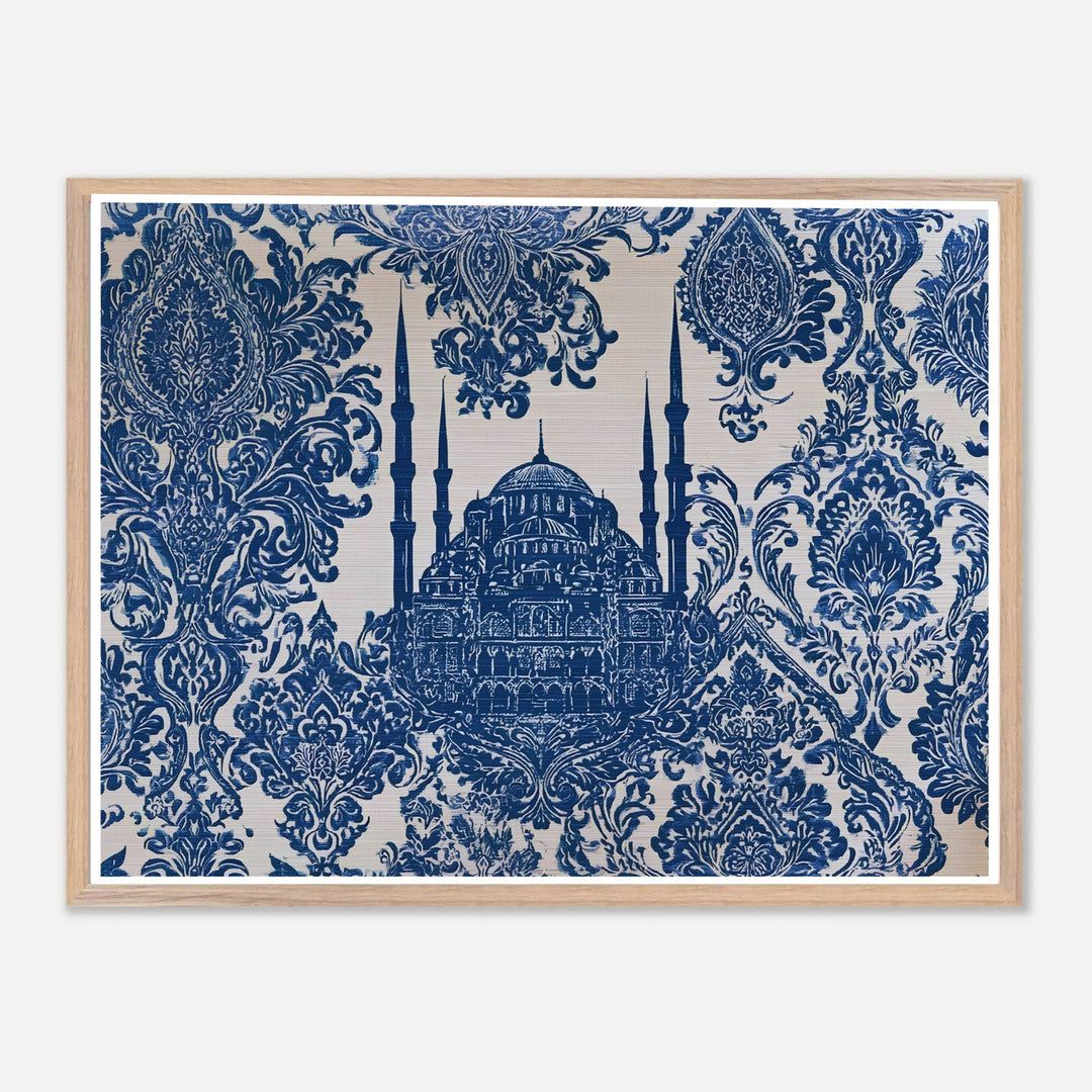 Turkey travel print showing Istanbul Blue Mosque in an elegant cobalt blue and white damask tile style. Handcrafted by MapYourDreams, this artwork is available in flexible options including unframed paper, custom wooden frames, and gallery canvas wraps for gallery wall displays.