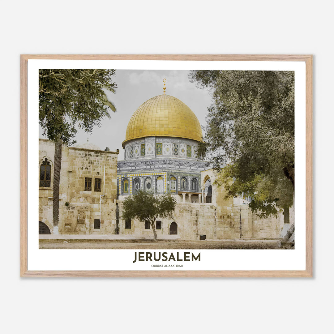 Fine art photo poster of Qubbat al-Sakhrah in Jerusalem featuring soft limestone ivory tones and olive foliage. Released by MapYourDreams, this artwork is available in flexible options including unframed paper, custom wooden frames, and gallery canvas wraps for home wall art.