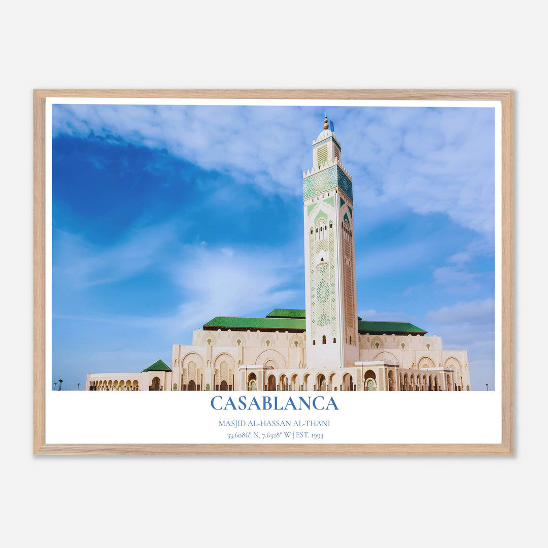 Morocco travel print showing Casablanca Hassan II Mosque in a crisp, bright architectural photography style with blue sky. Handcrafted by MapYourDreams, this artwork is available in flexible options including unframed paper, custom wooden frames, and gallery canvas wraps for gallery wall displays.