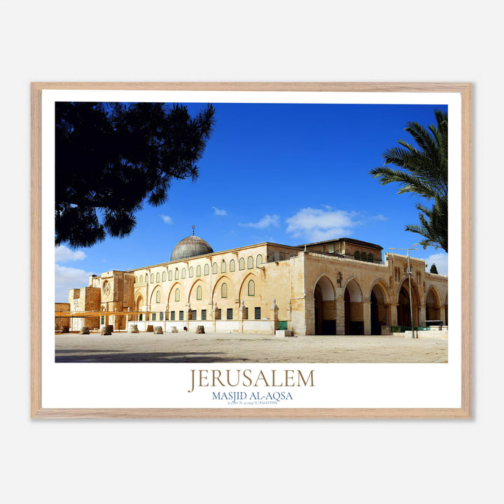Palestine travel print showing Al Aqsa Mosque in Jerusalem in a crisp landscape architecture photography art style. Handcrafted by MapYourDreams, this artwork is available in flexible options including unframed paper, custom wooden frames, and gallery canvas wraps for gallery wall displays.