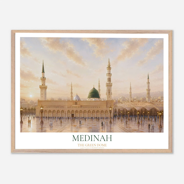 Wide angle sunrise photography print of historic Al Masjid an Nabawi showing ornamental umbrellas and tall illuminated minarets. Curated by MapYourDreams, this artwork is available in flexible options including unframed paper, custom wooden frames, and gallery canvas wraps tailored for interior design.