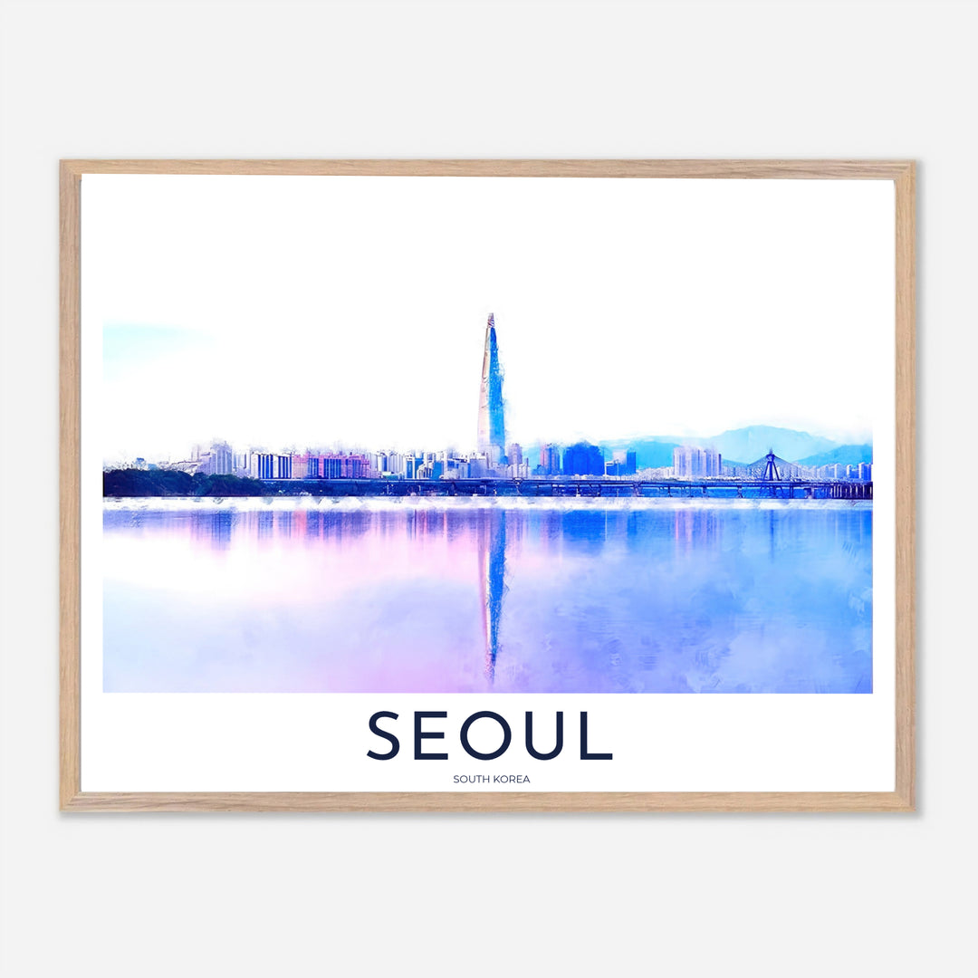 Luminous watercolor skyline photo print illustrating the sprawling cityscape and river reflections of Seoul South Korea, offered by MapYourDreams in versatile styling formats like unframed paper, custom picture frames, and canvas that add peaceful metropolitan charm to interiors.