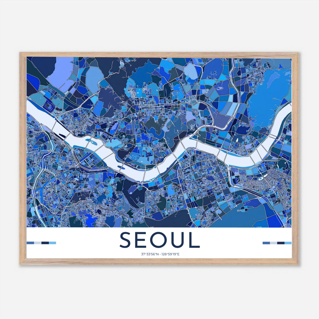 Luminous geometric cartography photo print illustrating the sprawling street network of Seoul, South Korea, offered by MapYourDreams in versatile styling formats like unframed paper, custom picture frames, and canvas that add refined metropolitan charm to your space.