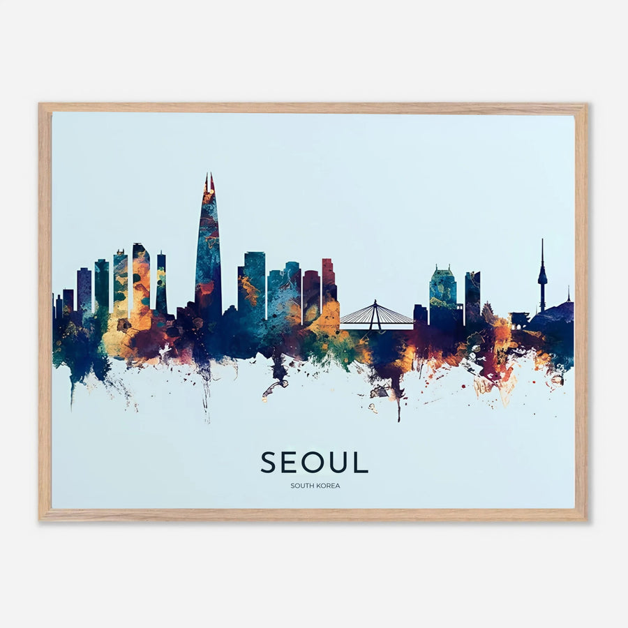 Expressionist skyline photo-style artwork depicting the Han River bridges and N Seoul Tower in Seoul South Korea, offered by MapYourDreams in versatile styling formats like unframed paper, custom picture frames, and canvas that add vibrant artistic energy to interiors.