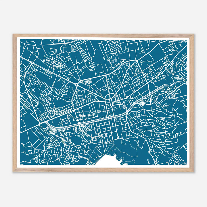 A sophisticated teal and white geographical map of Tirana, Albania, framed by clean borders in a wide horizontal landscape format. Available across multiple formats including unframed paper, tailored wooden frames, and gallery-wrapped canvas options.
