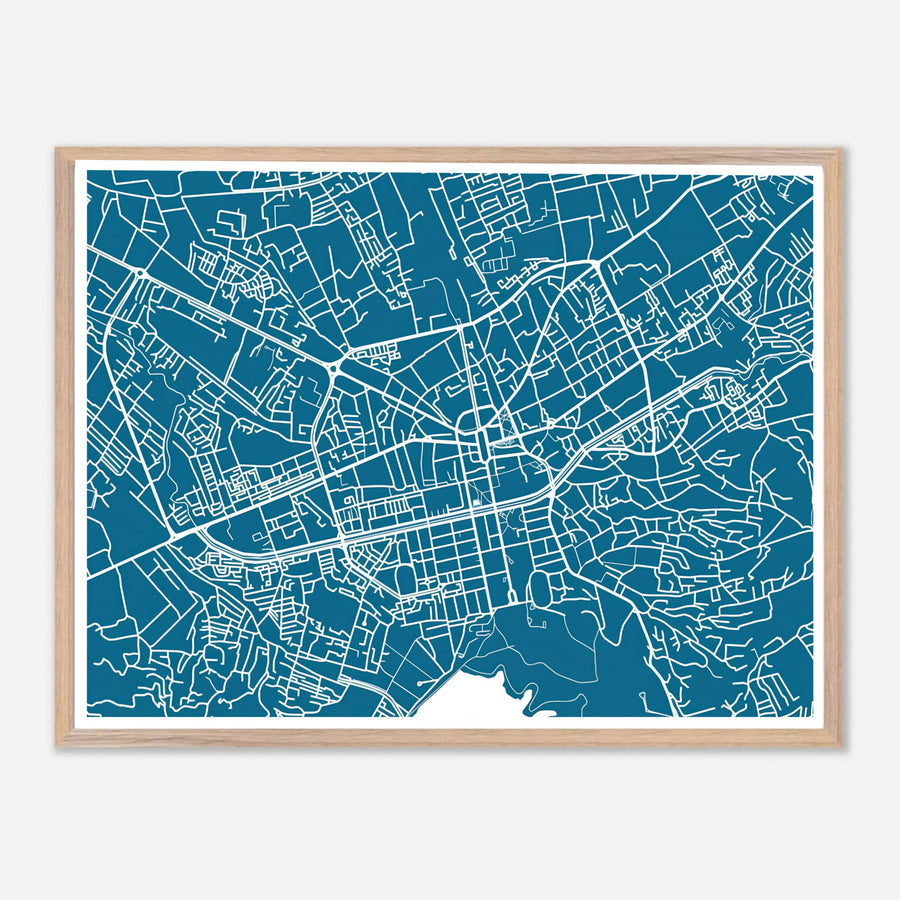 A sophisticated teal and white geographical map of Tirana, Albania, framed by clean borders in a wide horizontal landscape format. Available across multiple formats including unframed paper, tailored wooden frames, and gallery-wrapped canvas options.