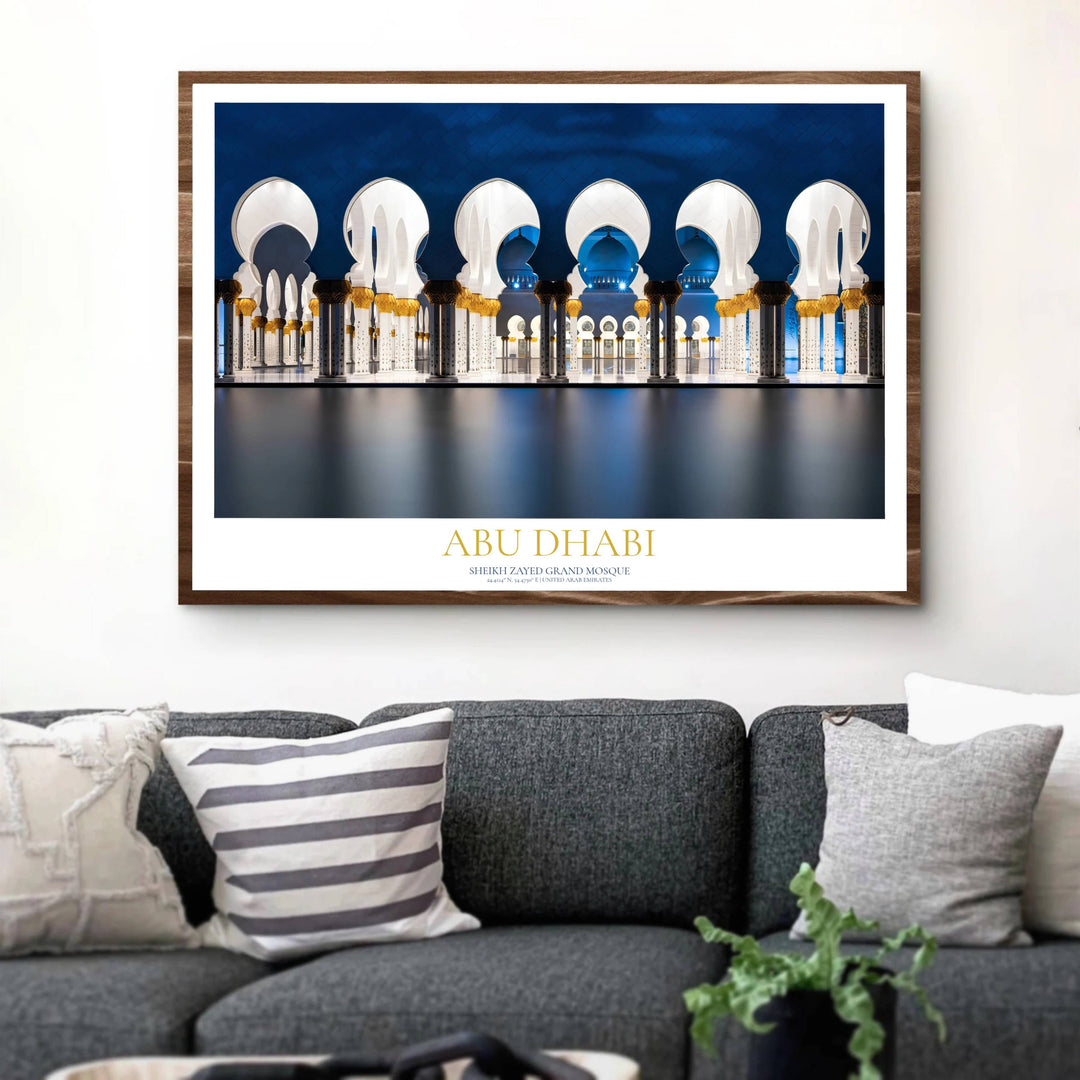 Glowing golden palm capitals on white marble pillars of Abu Dhabi Sheikh Zayed Mosque at night. Published by MapYourDreams, this print is provided in versatile displays including unframed paper print, solid wooden framed models, and wrapped gallery canvas options for bedroom wall decor.
