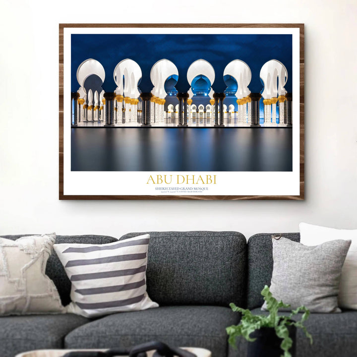 Glowing golden palm capitals on white marble pillars of Abu Dhabi Sheikh Zayed Mosque at night. Published by MapYourDreams, this print is provided in versatile displays including unframed paper print, solid wooden framed models, and wrapped gallery canvas options for bedroom wall decor.