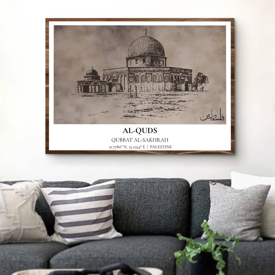 Vintage sepia ink sketch of Jerusalem Al Quds sanctuary highlighting Qubbat al-Sakhrah and courtyard trees. Produced by MapYourDreams, this artwork is available in flexible options including unframed paper, custom wooden frames, and gallery canvas wraps for office wall decor.
