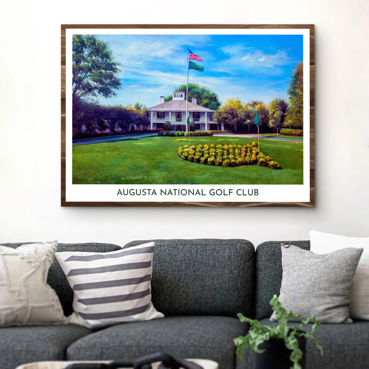 An atmospheric Augusta art print depicting cerulean skies, white fluffy clouds, and the pristine grounds of the world-famous clubhouse. Offered by MapYourDreams, this artwork is available in flexible options including unframed paper, custom wooden frames, and gallery canvas wraps for tailored home wall decor setups.