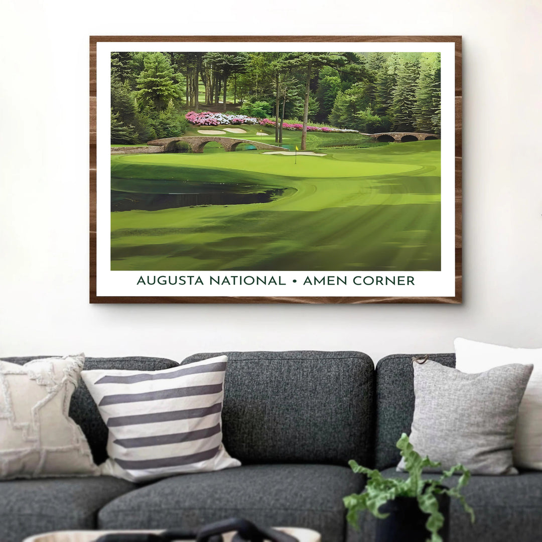Natural landscape golf poster illustrating the stone archways of Hogan Bridge, pristine sand traps, and emerald grass at Augusta Georgia. Offered by MapYourDreams, this artwork is available in flexible options including unframed paper, custom wooden frames, and gallery canvas wraps for tailored home wall decor setups.