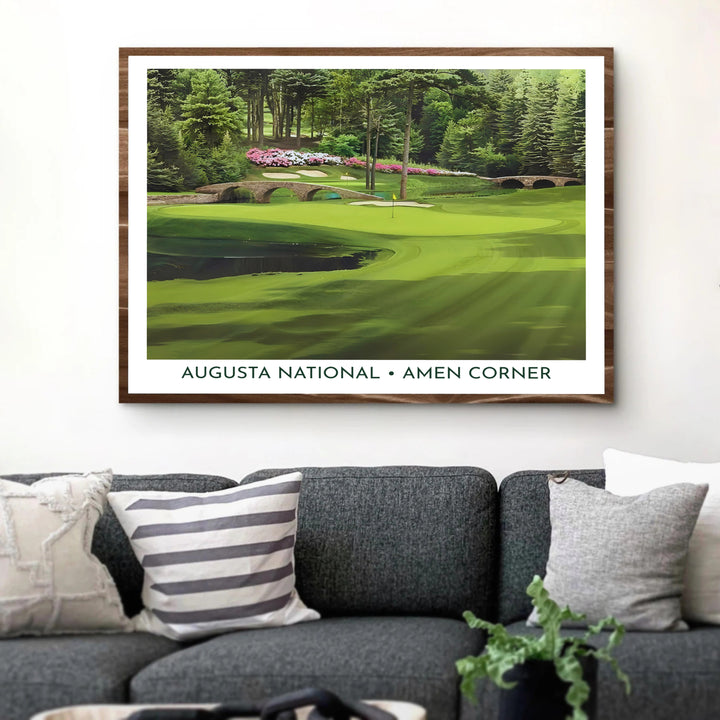 Natural landscape golf poster illustrating the stone archways of Hogan Bridge, pristine sand traps, and emerald grass at Augusta Georgia. Offered by MapYourDreams, this artwork is available in flexible options including unframed paper, custom wooden frames, and gallery canvas wraps for tailored home wall decor setups.