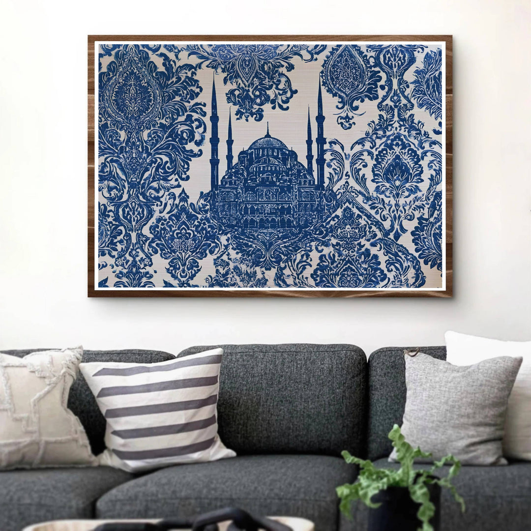 Fine art damask pattern poster of Istanbul Blue Mosque featuring intricate Ottoman ceramic tile details. Released by MapYourDreams, this artwork is available in flexible options including unframed paper, custom wooden frames, and gallery canvas wraps for home wall art.