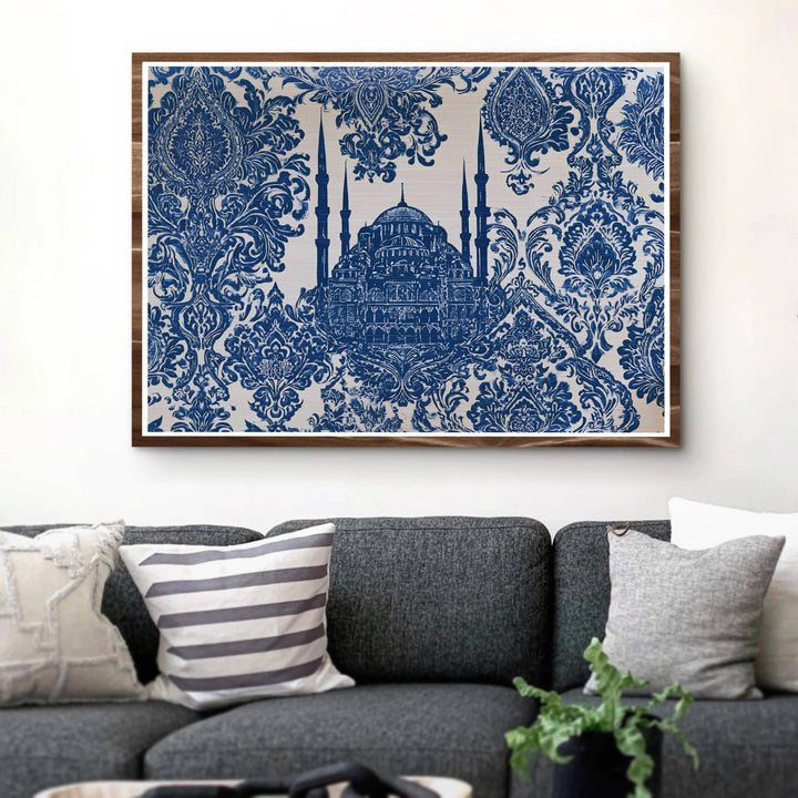 Fine art damask pattern poster of Istanbul Blue Mosque featuring intricate Ottoman ceramic tile details. Released by MapYourDreams, this artwork is available in flexible options including unframed paper, custom wooden frames, and gallery canvas wraps for home wall art.