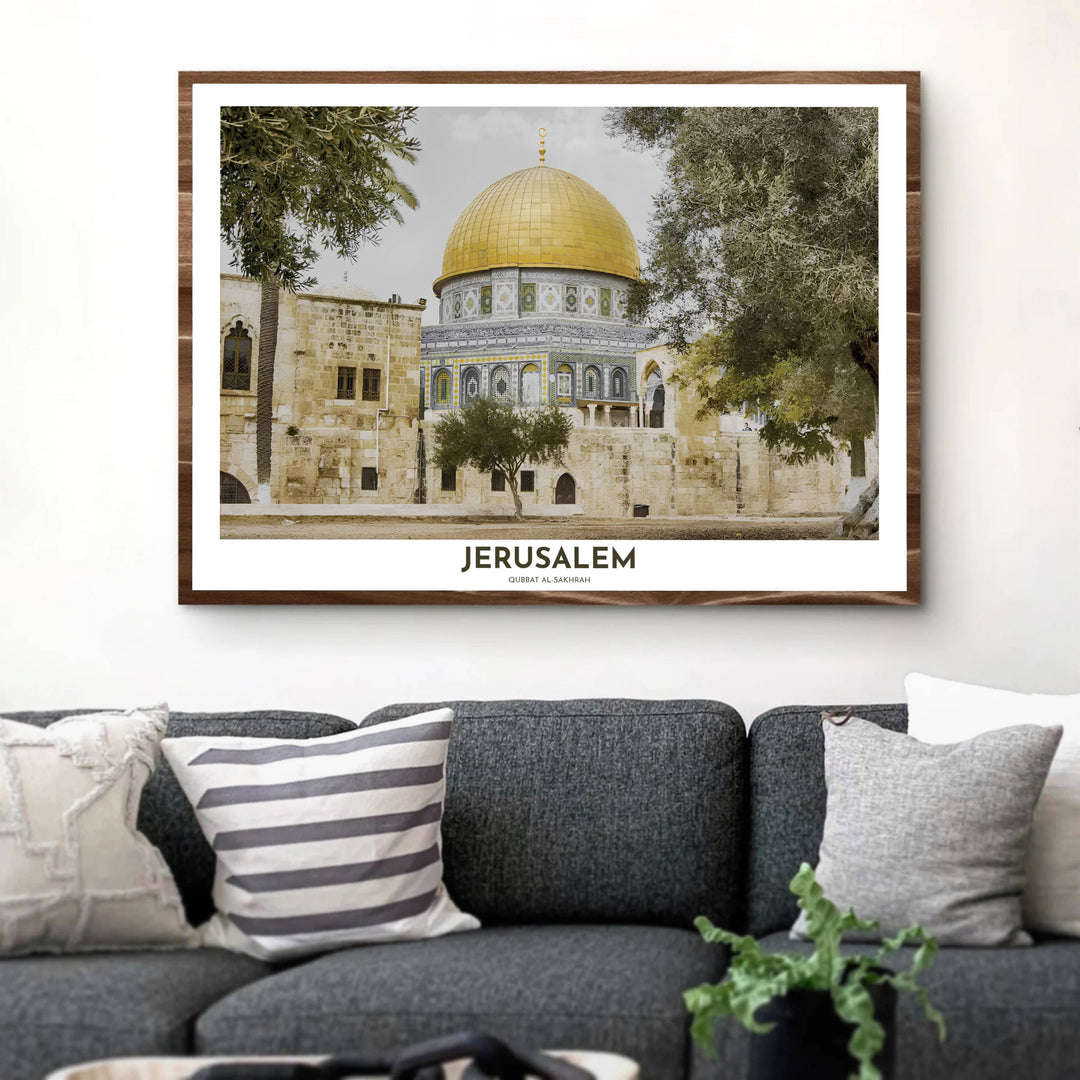 Architectural photography art print of the iconic Dome of the Rock in Jerusalem set behind lush olive tree branches. Designed by MapYourDreams, this artwork is available in flexible options including unframed paper, custom wooden frames, and gallery canvas wraps for home wall art.